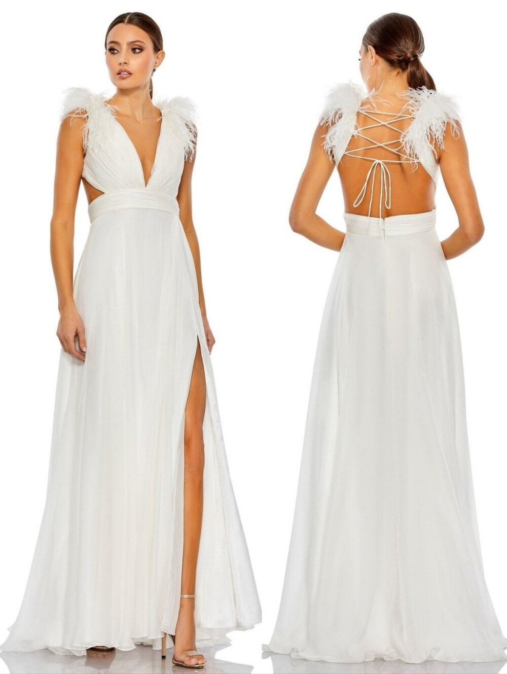 Mac Duggal 68113 White Plunge Ostrich Feather A-Line Corset Back Gown 6 NWT